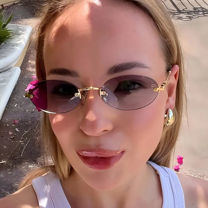 Women's summer frameless oval sunglasses in gold and pink with UV400 protection, stylish and lightweight by Craftklart Dropship.