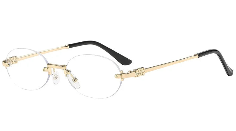Women's summer frameless oval sunglasses in gold and pink with UV400 protection, stylish and lightweight for sunny days.