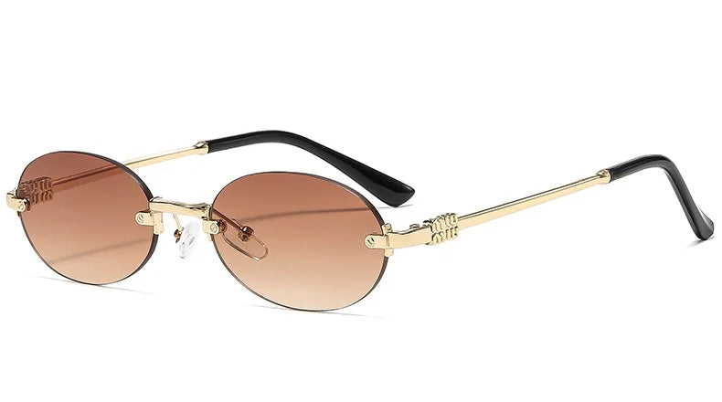 Women's frameless oval sunglasses in gold and pink by Craftklart Dropship, UV400 protection for summer fashion.