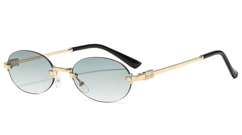 Women’s summer frameless oval sunglasses in gold and pink with UV400 protection, stylish and lightweight.