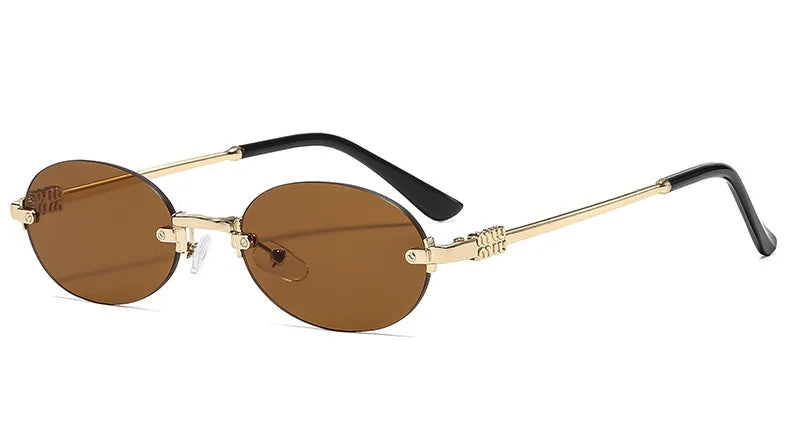 Women's summer frameless oval sunglasses in gold and pink with UV400 protection, stylish personality eyewear by Craftklart Dropship.