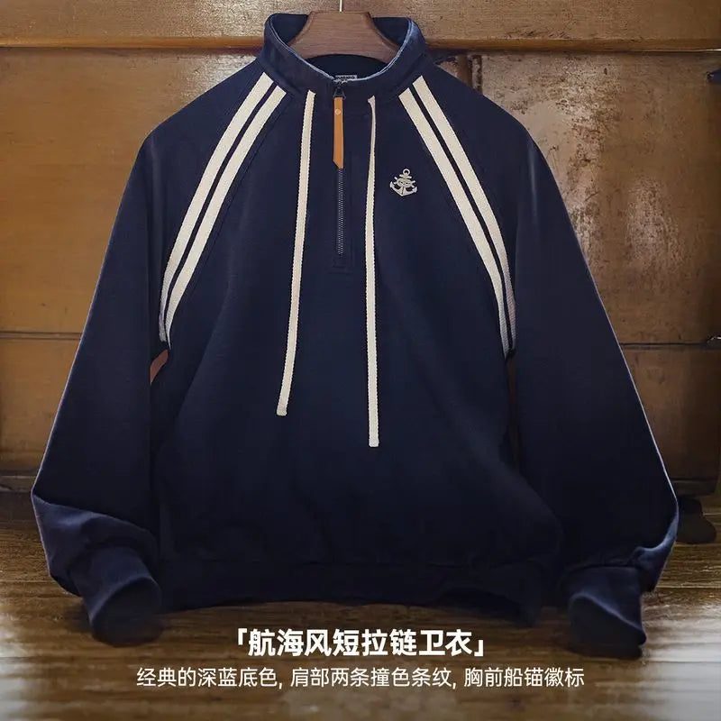 Navy blue women's heavyweight half-zip loose preppy sweatshirt from Craftklart Dropship, featuring a comfortable relaxed fit and pullover style.