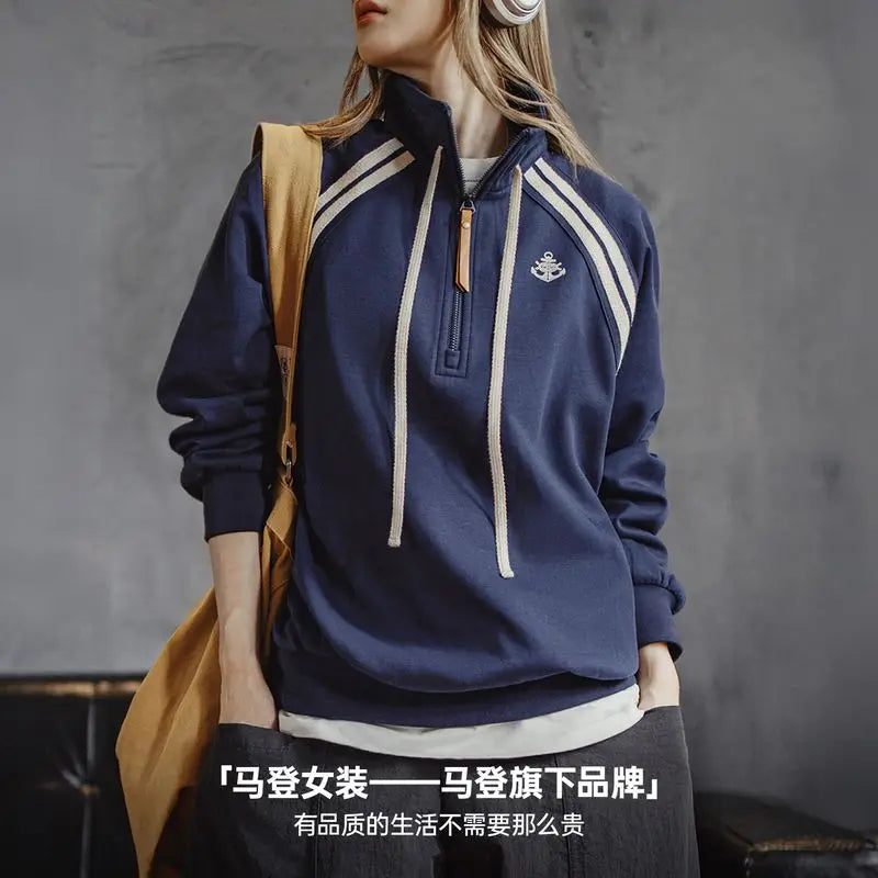 Navy blue women's heavyweight half-zip loose preppy sweatshirt top by Craftklart Dropship, made of soft, cozy fabric.