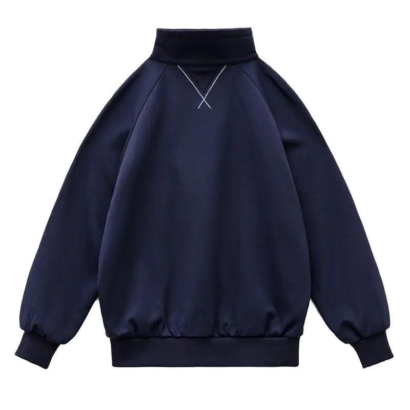 Women's navy blue heavyweight half-zip loose preppy sweatshirt from Craftklart Dropship, casual and comfortable pullover top.