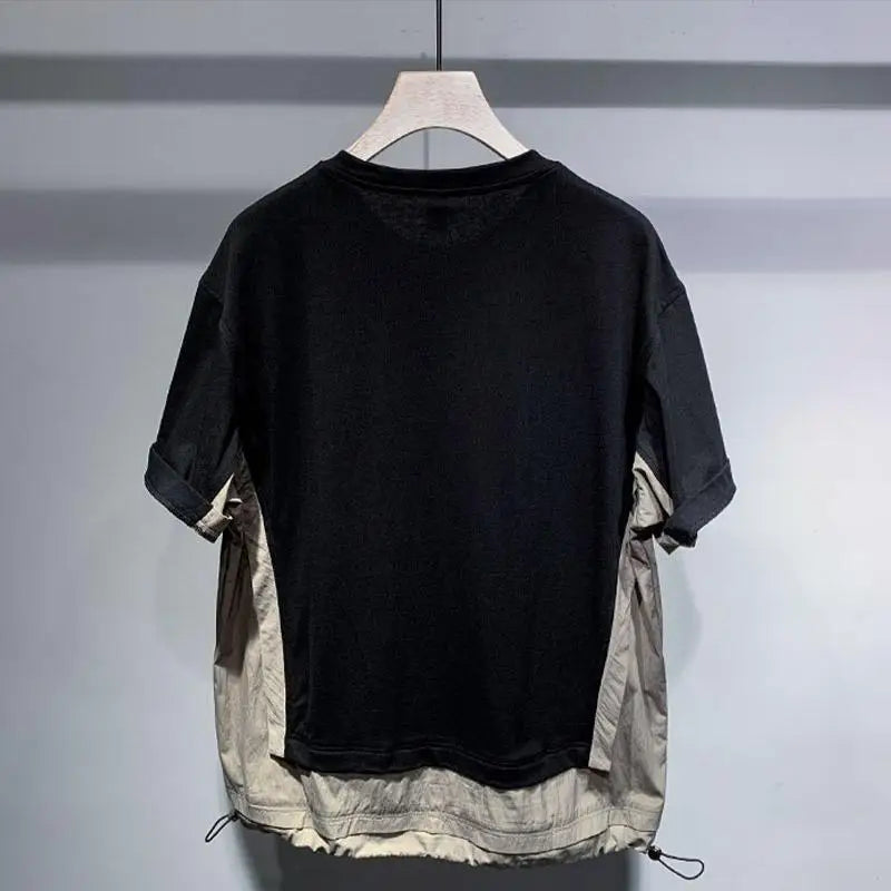 White Japanese urban cargo spliced contrast T-shirt by Craftklart Dropship featuring bold streetwear style and modern design.