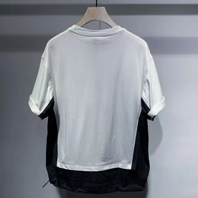 White Japanese Urban Cargo Spliced Contrast T-Shirt by Craftklart Dropship, featuring bold streetwear style and unique spliced design.