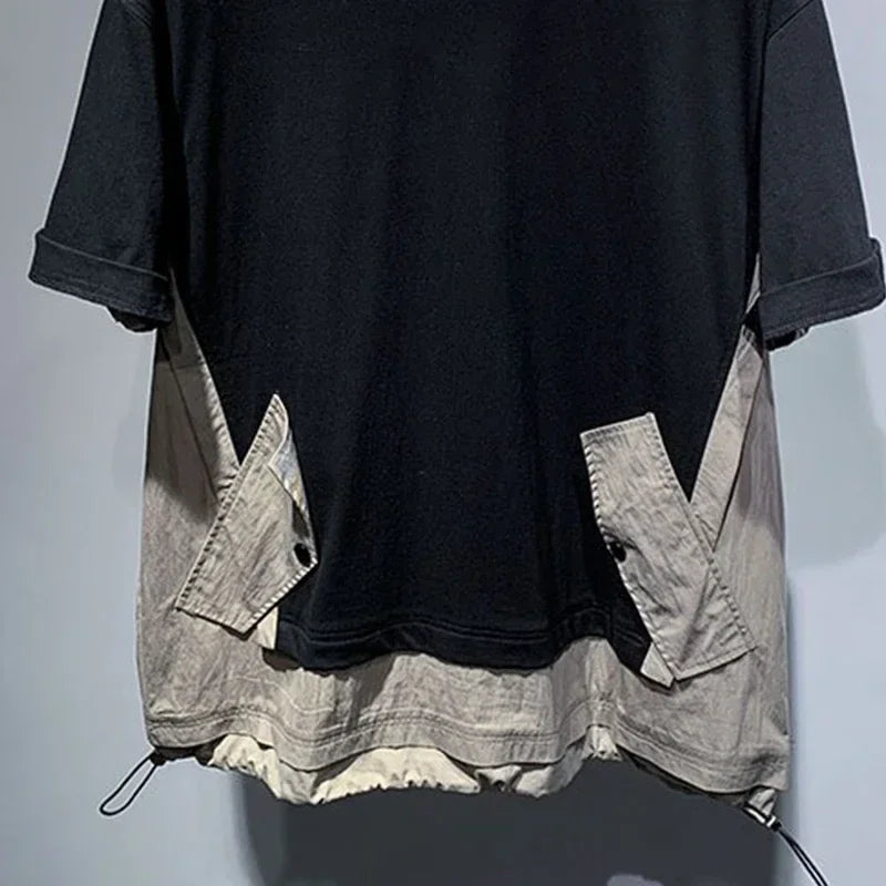 White Japanese Urban Cargo Spliced Contrast T-Shirt by Craftklart Dropship, featuring bold design and streetwear style.