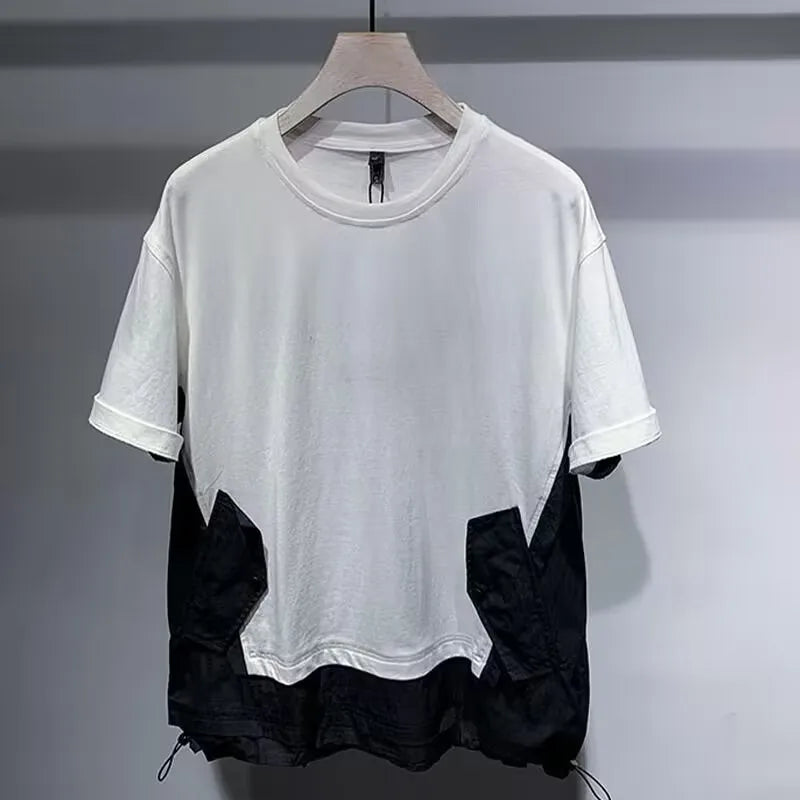 White Japanese Urban Cargo Spliced Contrast T-Shirt by Craftklart Dropship, featuring bold color blocks and streetwear style.