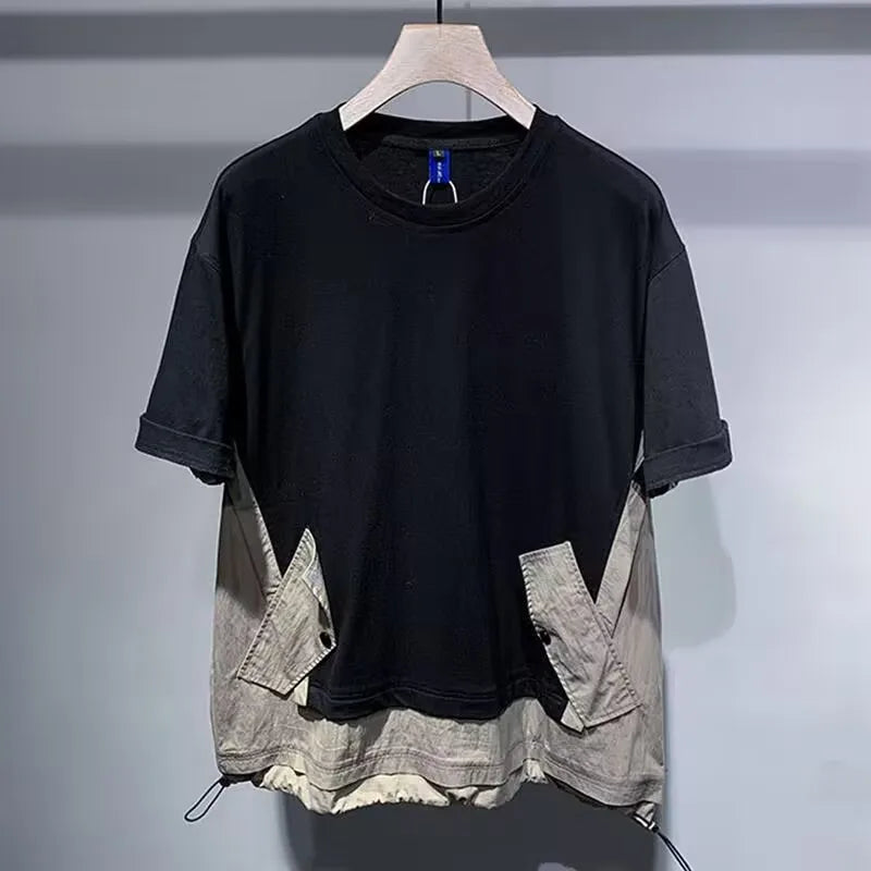 White Japanese Urban Cargo Spliced Contrast T-Shirt by Craftklart Dropship, featuring bold color blocking and streetwear style.