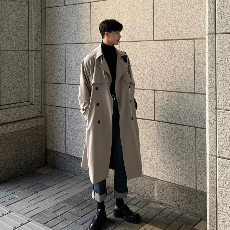 Gray men's trench coat by Craftklart Dropship, urban business overcoat with classic design, suitable for professional and casual wear.
