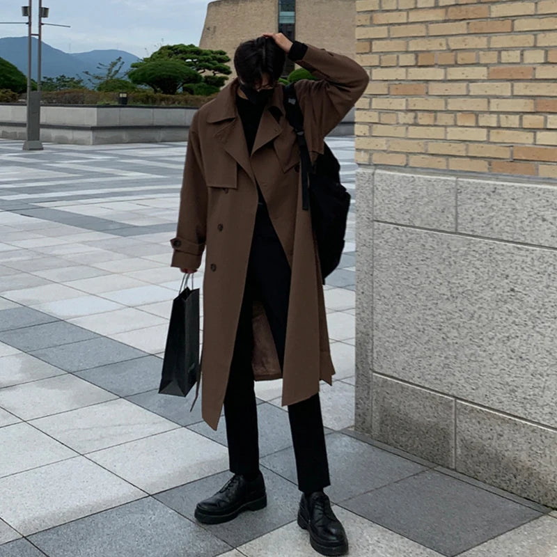 Gray men's urban business trench coat by Craftklart Dropship, stylish overcoat for professional and casual wear.