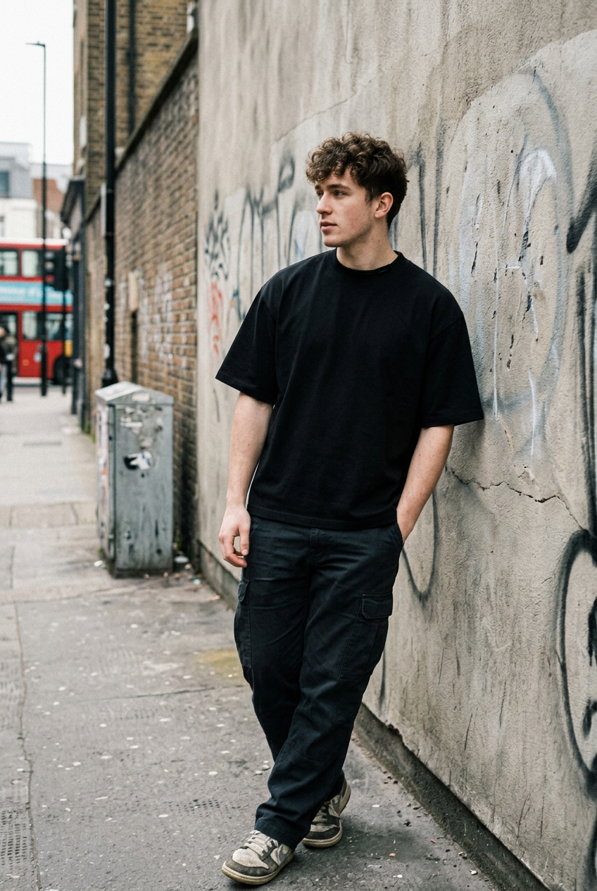Craftklart heavyweight black cotton t-shirt with a loose fit and dropped shoulders worn by a man on a city street.