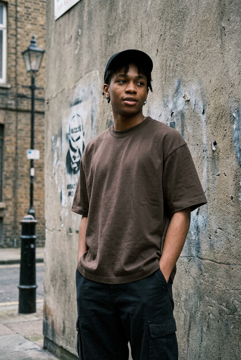 Craftklart heavyweight brown cotton t-shirt with a loose fit and dropped shoulders worn by a man outdoors.