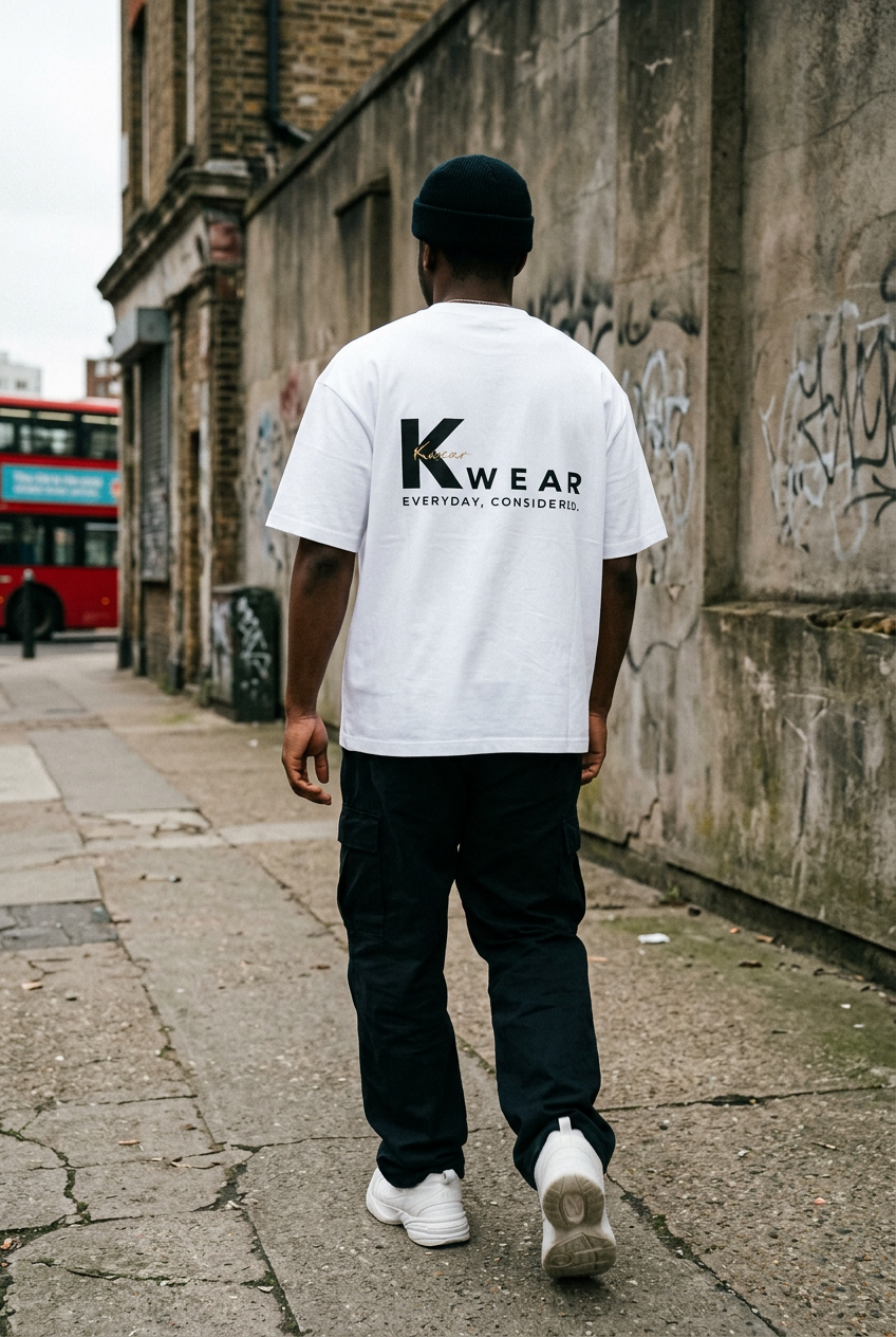 Craftklart white heavyweight cotton t-shirt with Kwear graphic on the back, worn by a man in an urban setting.