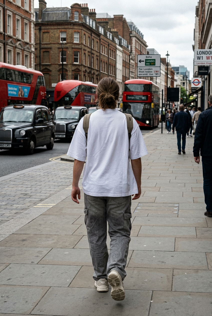 Craftklart heavyweight white cotton t-shirt with loose fit and dropped shoulders worn on a London street.