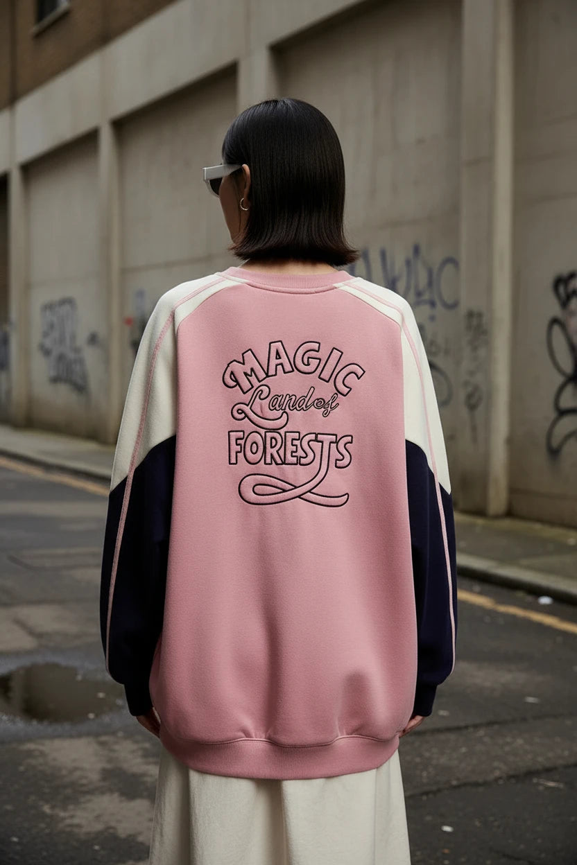 Pink women's retro contrast stitch loose pullover sweatshirt by Craftklart, featuring a cozy, casual fit and stylish design.