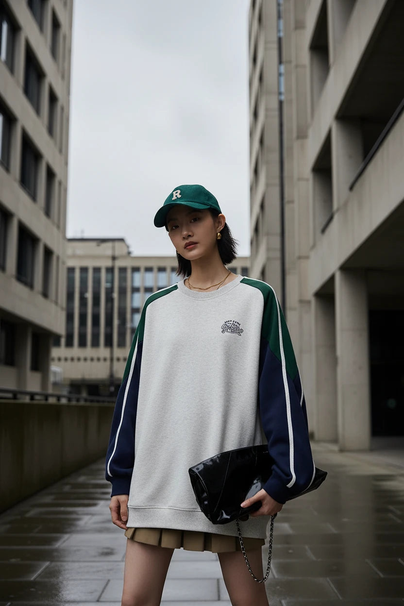 Women's pink Craftklart retro contrast stitch loose pullover sweatshirt with casual, relaxed fit and stylish design.