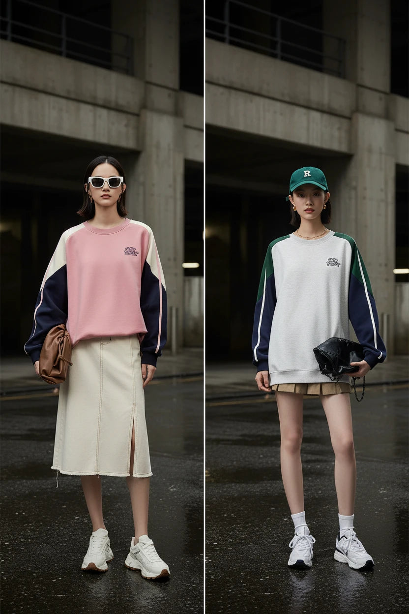 Pink women's retro contrast stitch loose pullover sweatshirt by Craftklart, featuring a relaxed fit and vintage-inspired design.