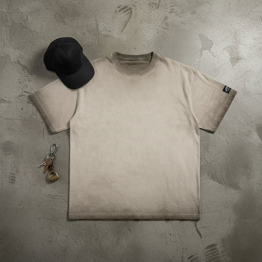 Men's retro heavyweight washed T-shirt by Craftklart in dark gray with double-sided DTF print, featuring a casual, vintage style.
