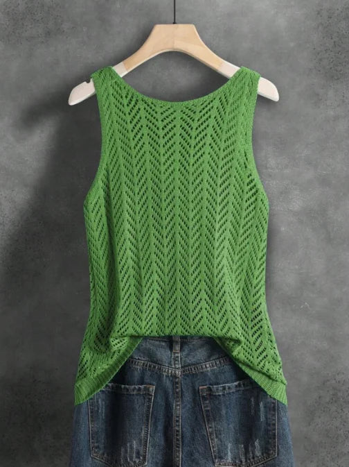 Purple women's slim fit knitted sleeveless vest with O-neck, crafted by Craftklart, styled as a tank top.