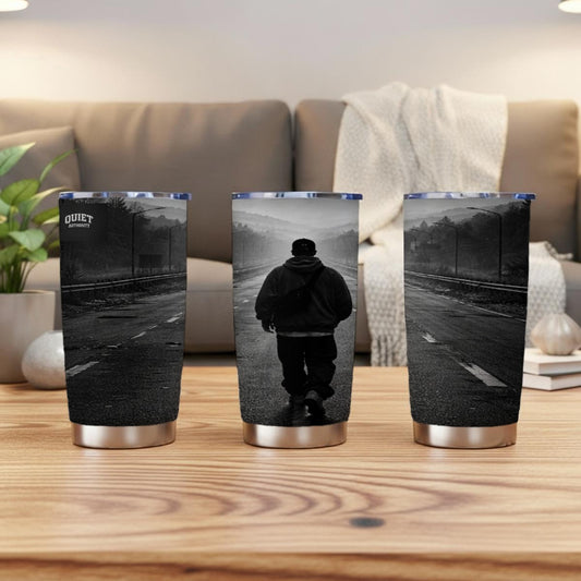White Craftklart 20oz stainless steel tumbler with custom print featuring Quiet Authority design, perfect for hot or cold drinks.