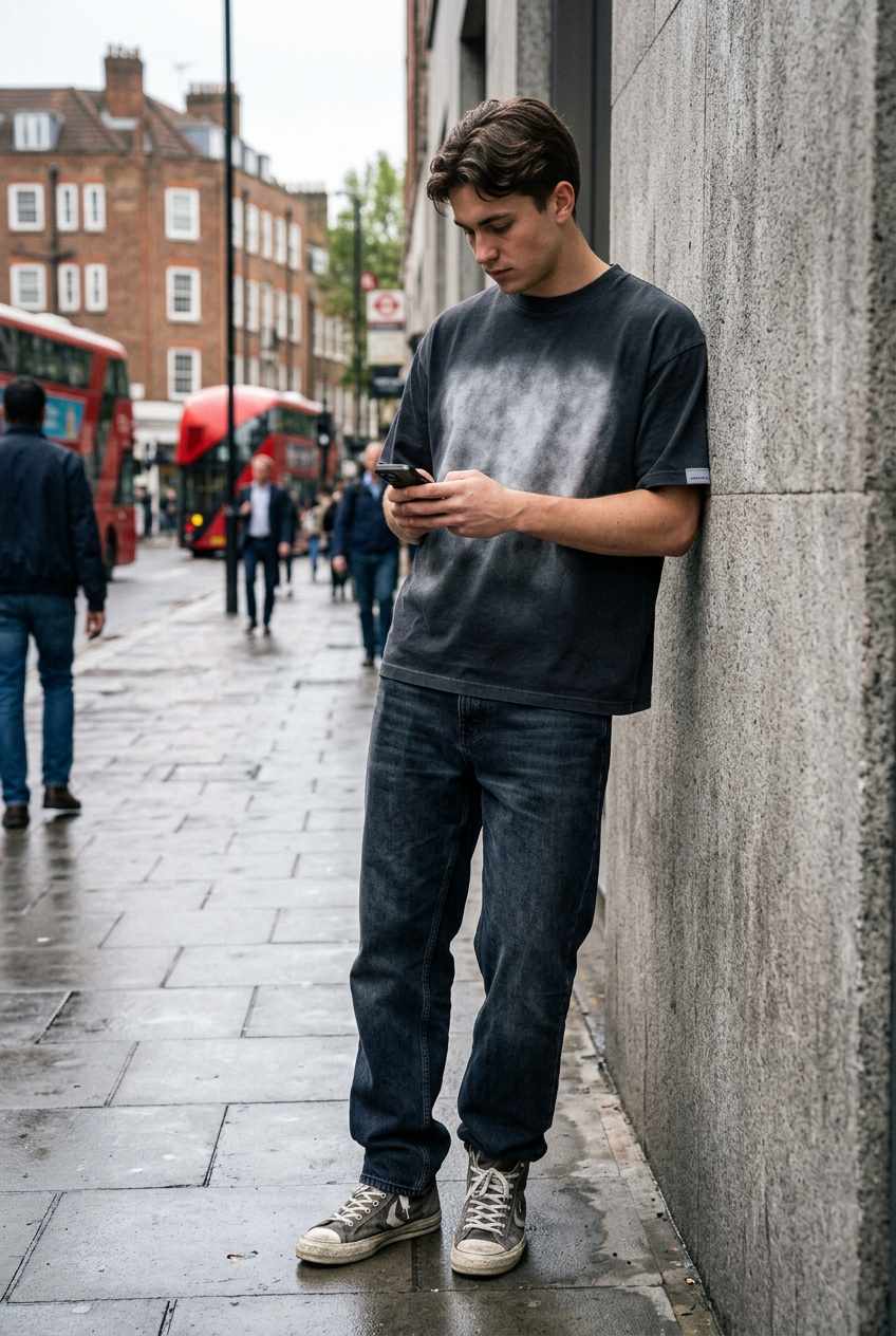 Craftklart washed black cotton graphic t-shirt with a relaxed fit and dropped shoulders worn on a city street.