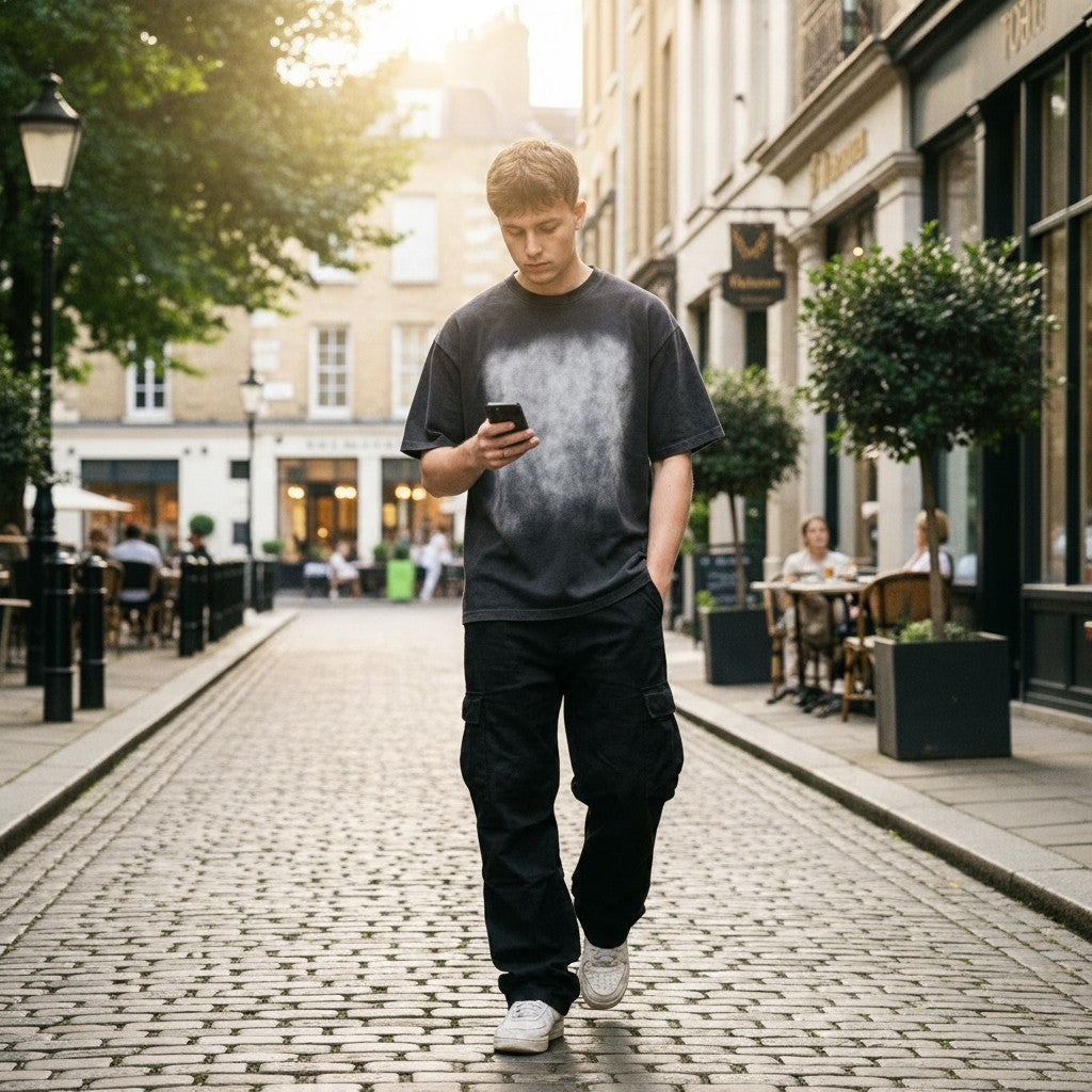 Craftklart washed black cotton graphic t-shirt with a loose fit and dropped shoulders worn on a city street.