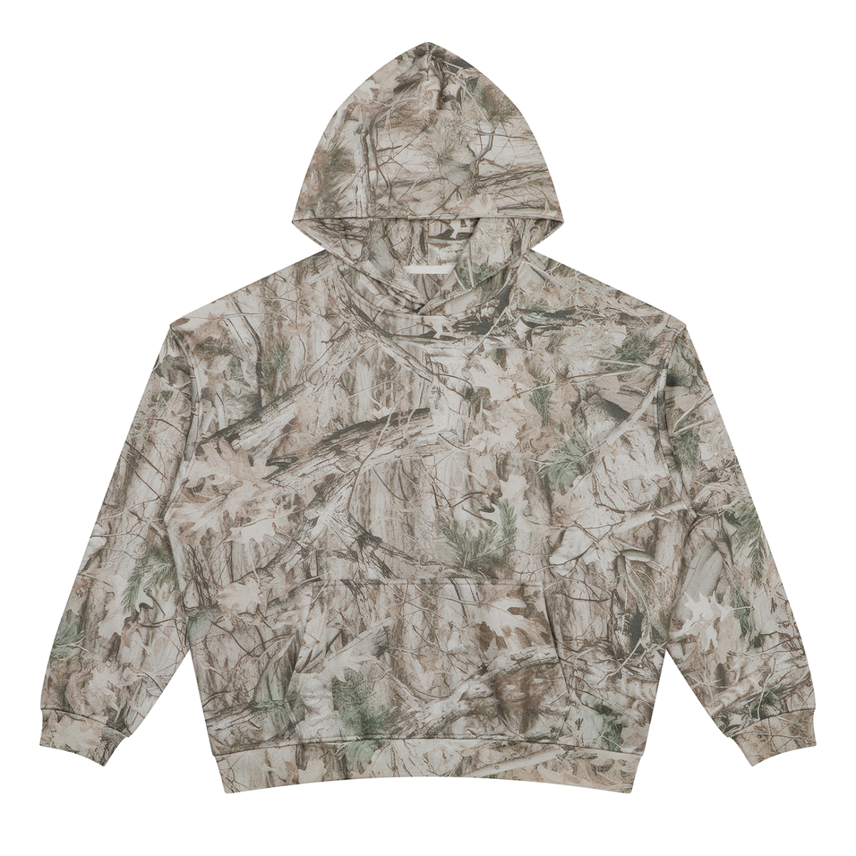 ODMPOD oversized fleece hoodie with tree camouflage pattern, featuring a cozy, relaxed fit and soft fleece material.