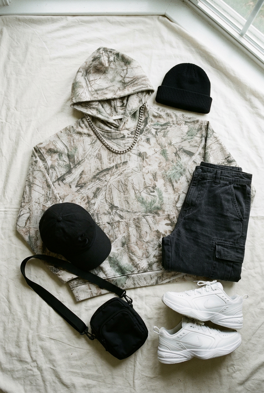ODMPOD oversized fleece hoodie with tree camo pattern, featuring a cozy fit and camouflage design on soft fleece fabric.