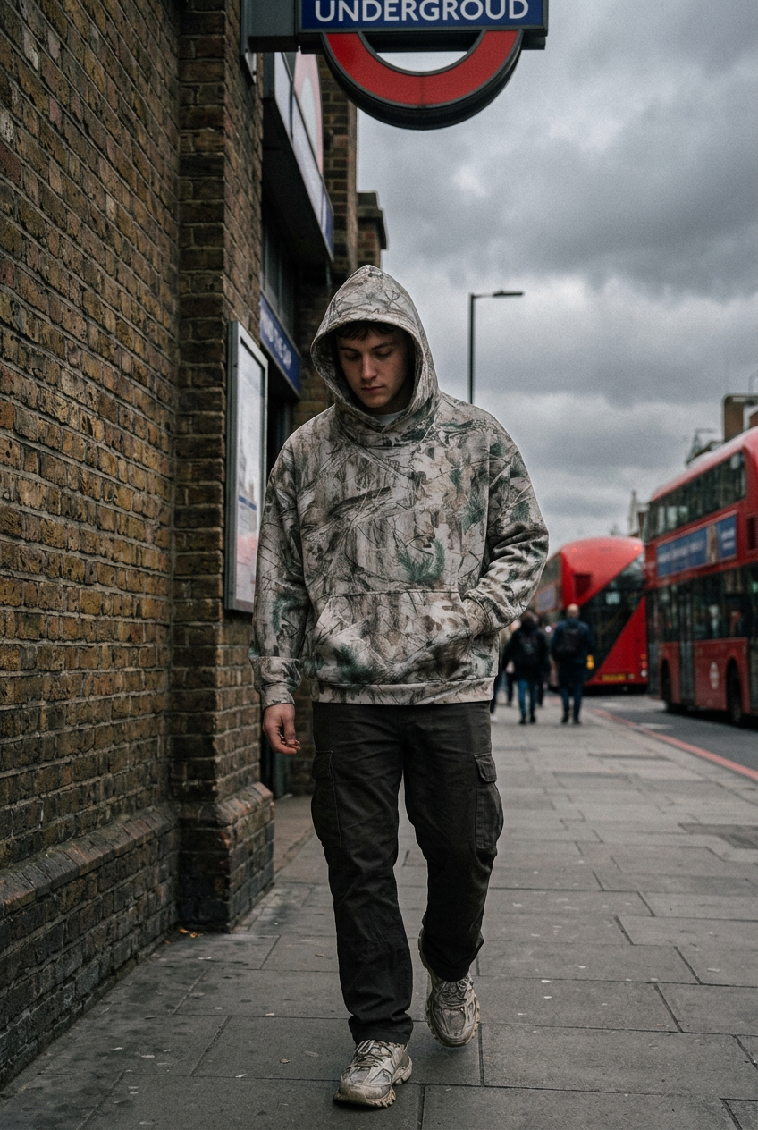 ODMPOD oversized fleece hoodie with tree camo pattern, soft and cozy with a relaxed fit perfect for casual wear.