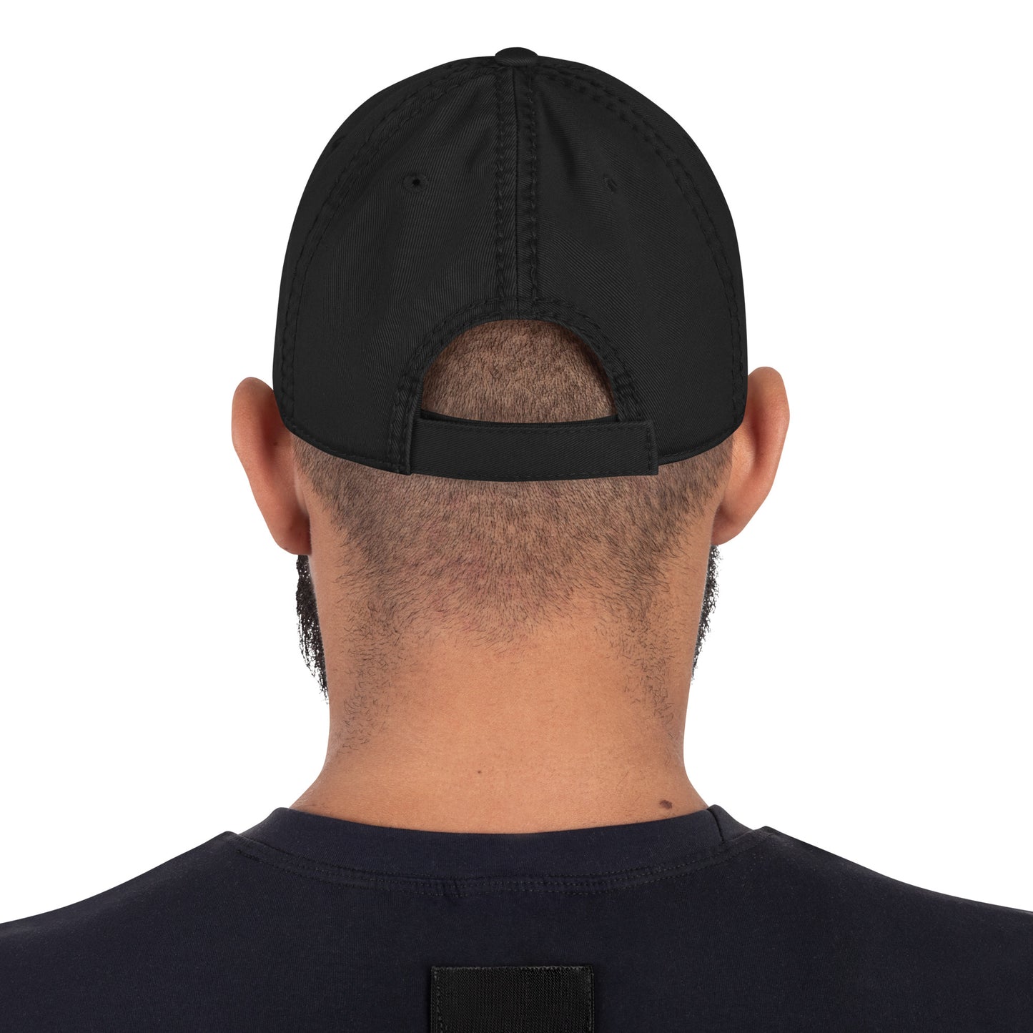 Black distressed Craftklart dad hat with a classic baseball cap style and adjustable back strap.
