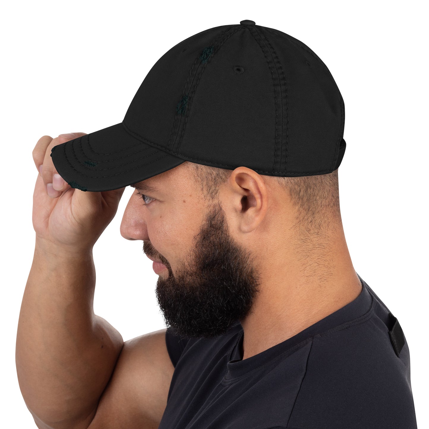 Black Craftklart distressed dad hat with a curved brim, showing the left side view of the baseball cap.