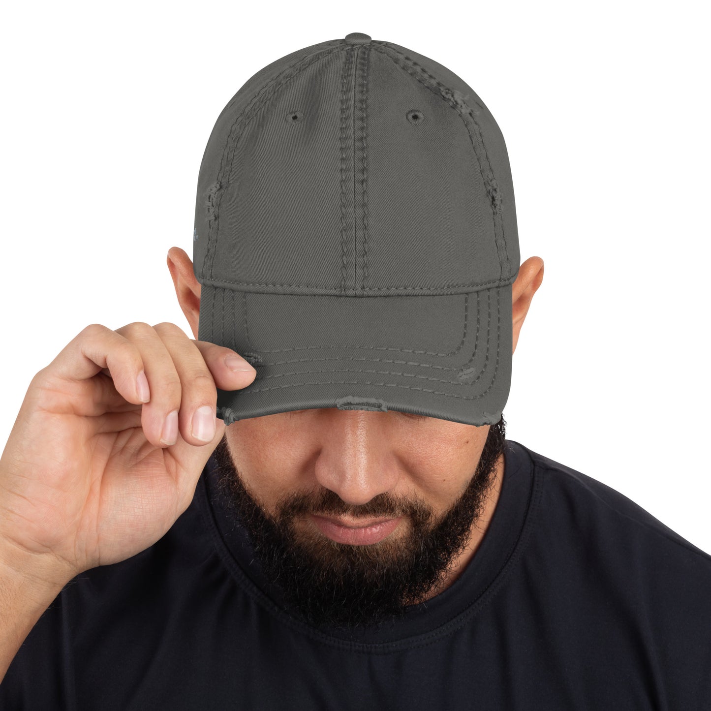 Charcoal grey distressed Craftklart dad hat with curved brim and adjustable strap, showcasing a vintage baseball cap style.