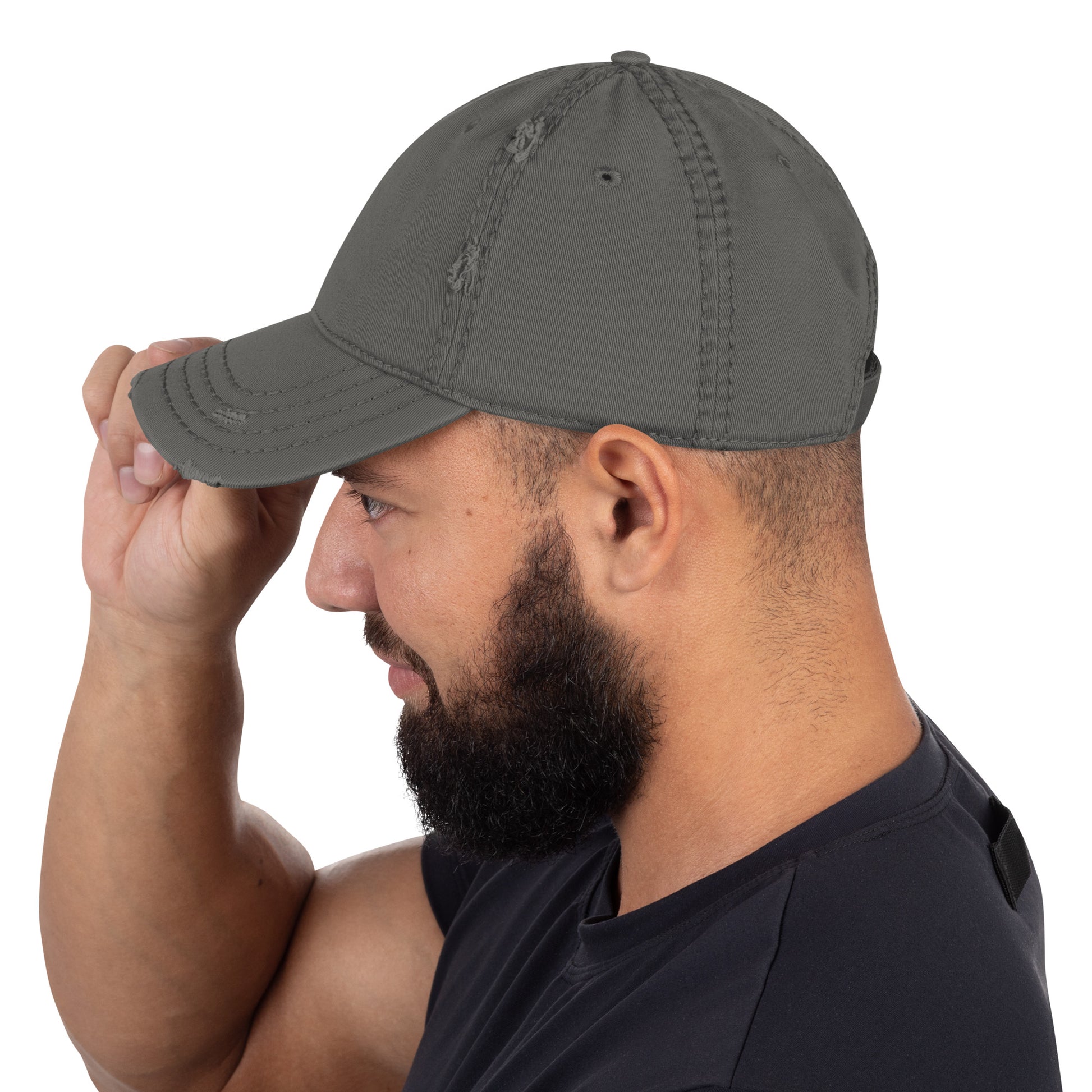 Craftklart distressed dad hat in charcoal grey, baseball cap style, shown from the left side with a worn, vintage look.