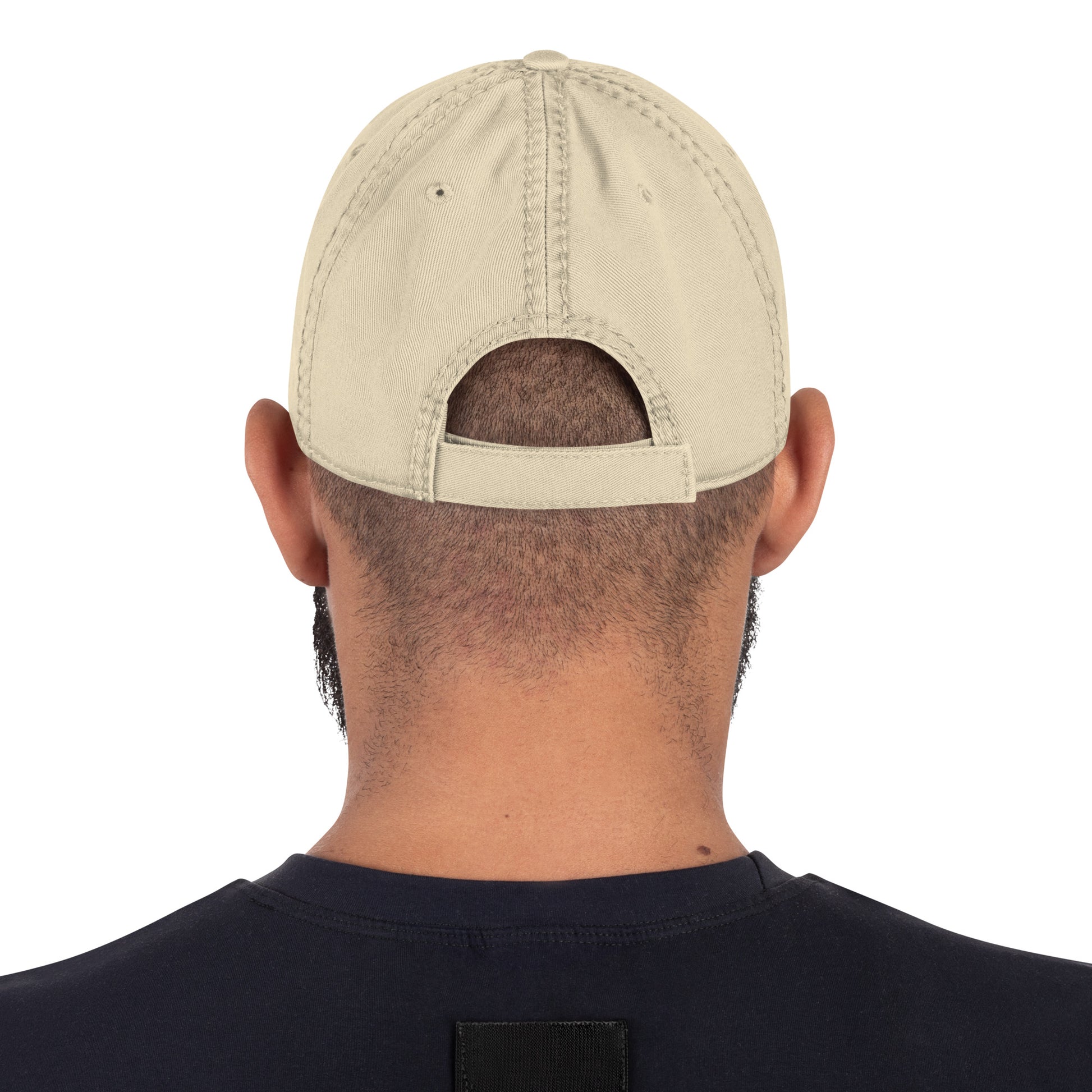Craftklart distressed khaki dad hat, baseball cap with a worn, vintage look, featuring a curved brim and adjustable strap.