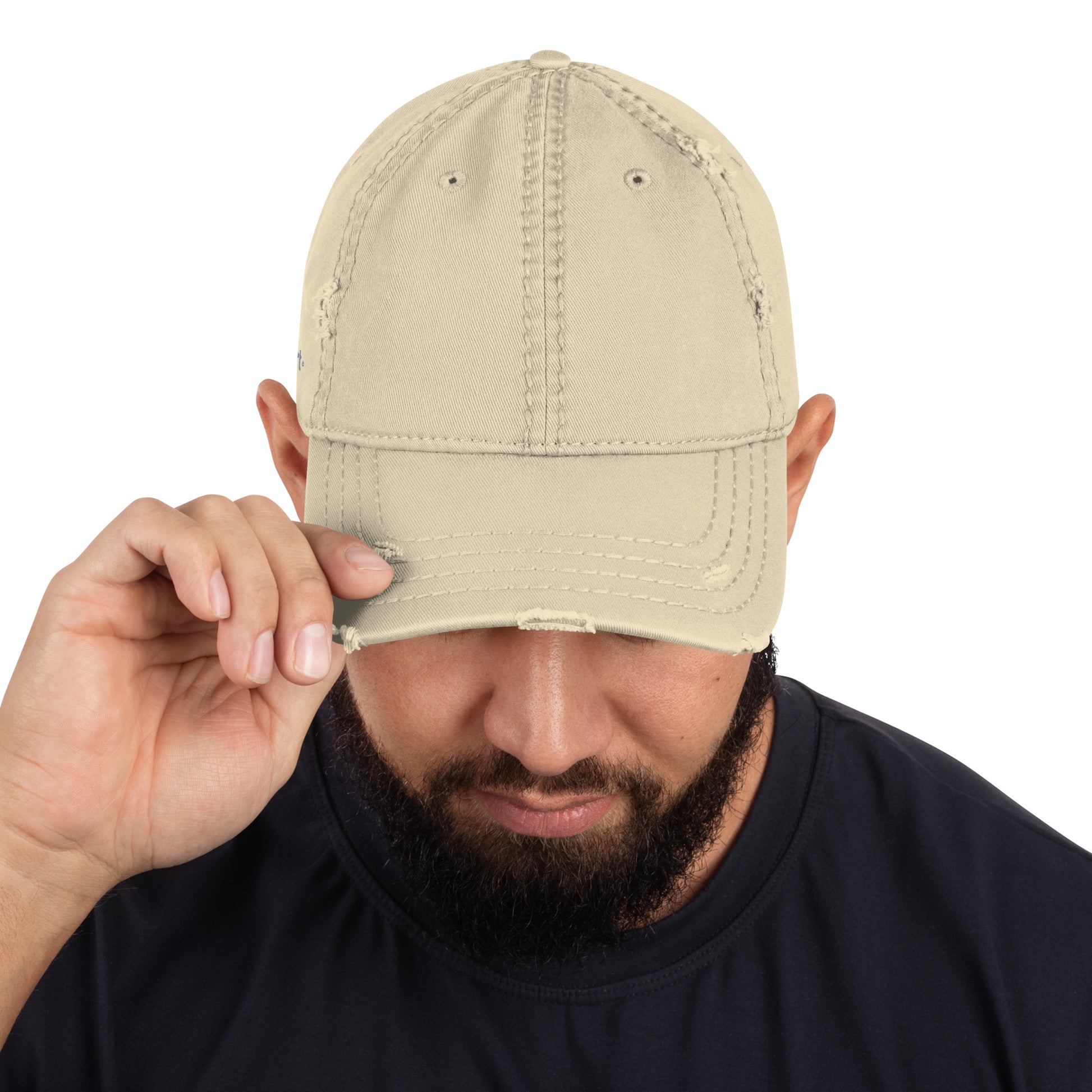 Craftklart distressed khaki dad hat with a curved brim and adjustable strap, showcasing a casual baseball cap design.