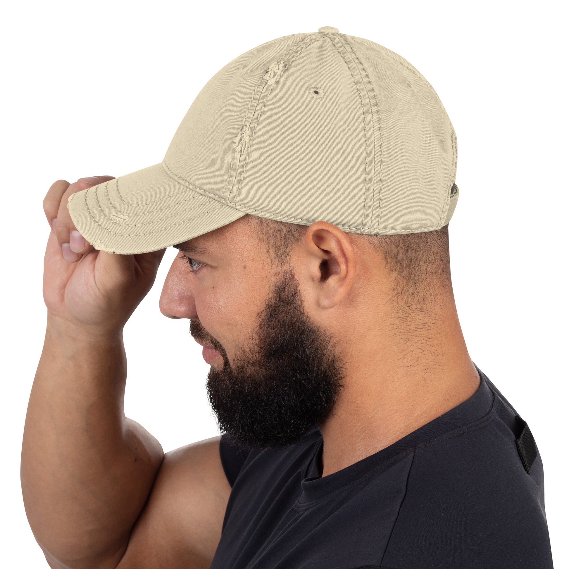 Craftklart distressed khaki dad hat, baseball cap with faded, worn look, shown from the left side.
