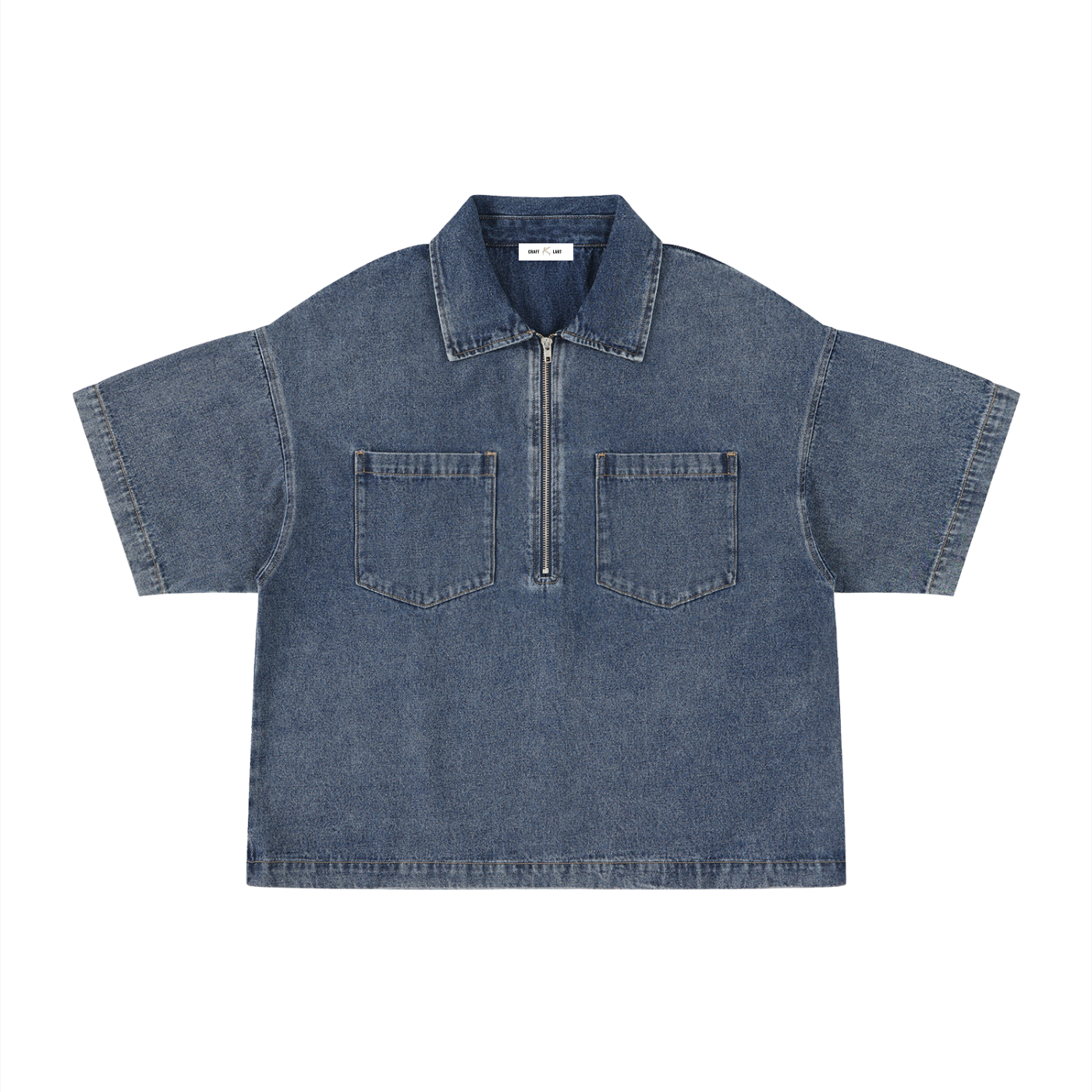Unisex Vintage Wash Boxy Quarter-Zip Denim Shirt