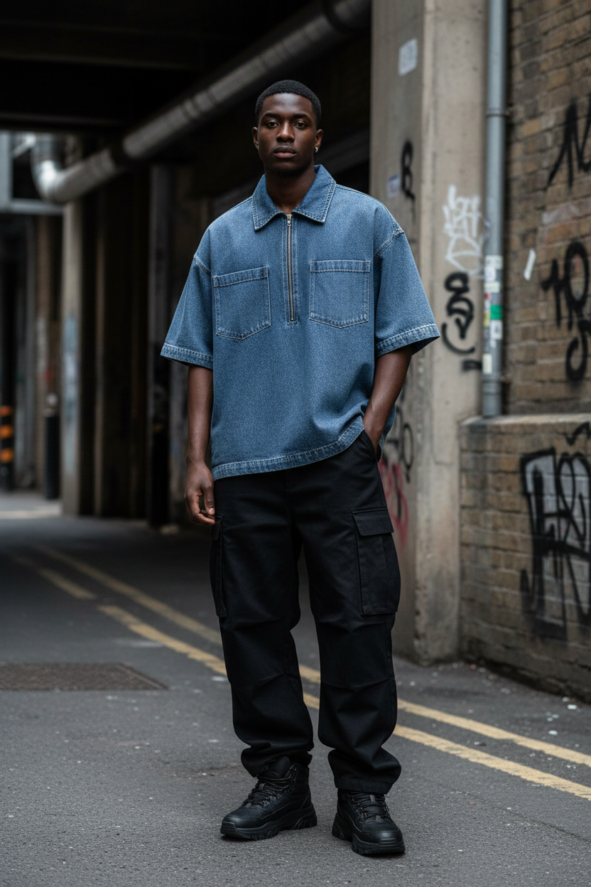 Unisex Vintage Wash Boxy Quarter-Zip Denim Shirt
