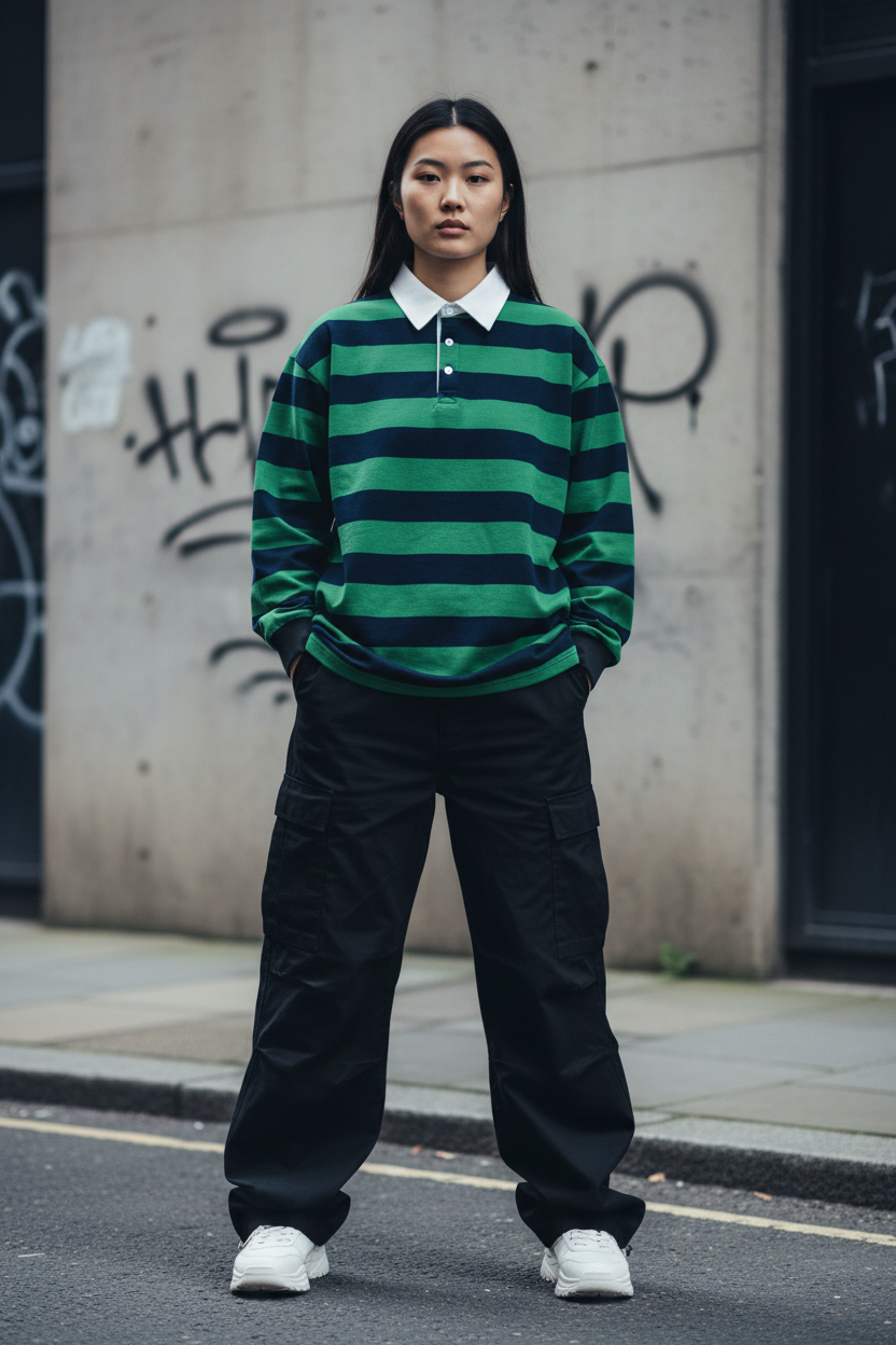 Craftklart Stripe Polo Shirt – Unisex Drop Shoulder Long Sleeve Cotton