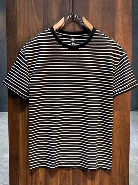 Men's Full Size Round Neck Contrast Striped T-Shirt Plus Size - Premium T-Shirt from Trendsi - Just $14.79! Shop now at Craftklart.store