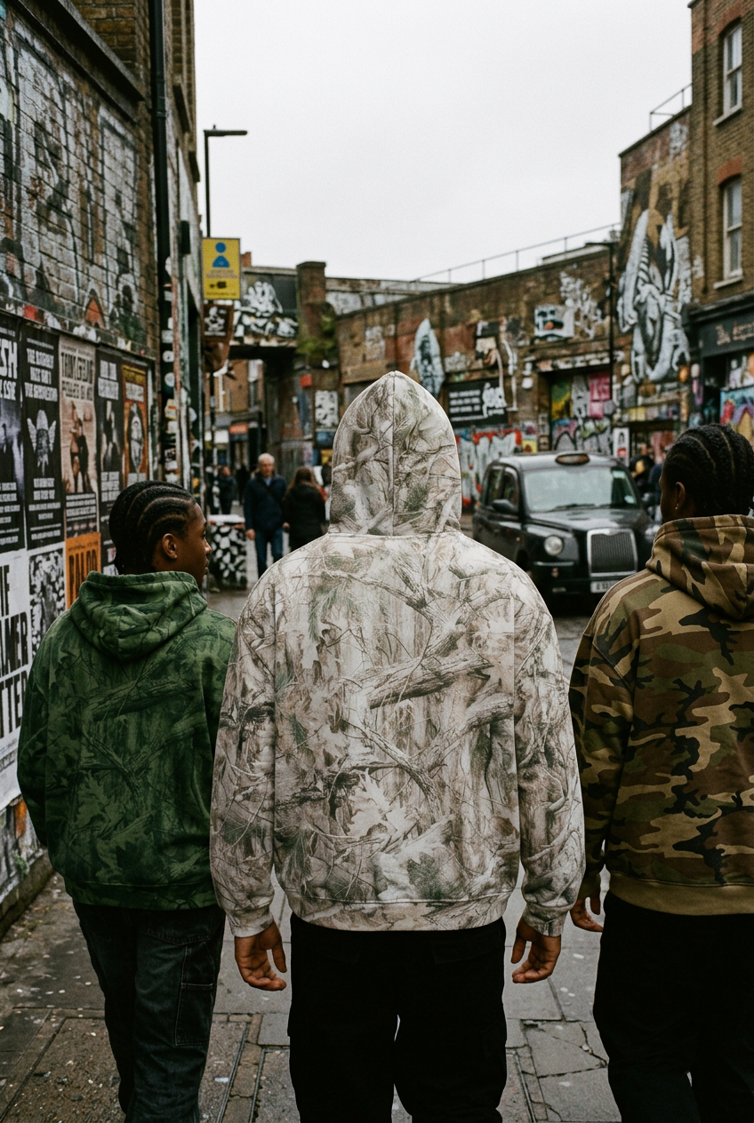 ODMPOD oversized fleece hoodie with tree camo pattern, featuring a cozy fit and camouflage design on soft fleece material.