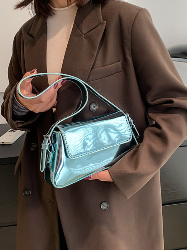 Fashion Patent Leather Ladies Baguette Texture Glossy Underarm Shoulder Bag