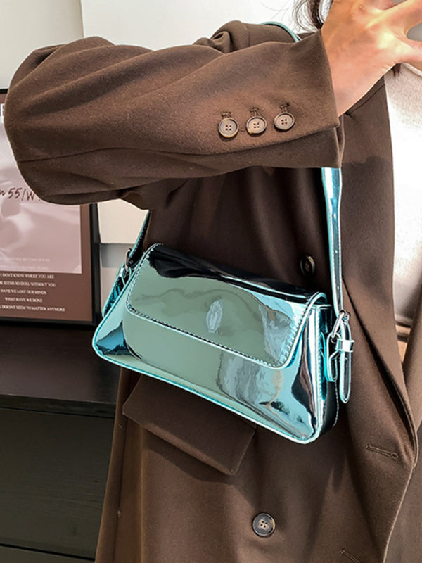 Fashion Patent Leather Ladies Baguette Texture Glossy Underarm Shoulder Bag