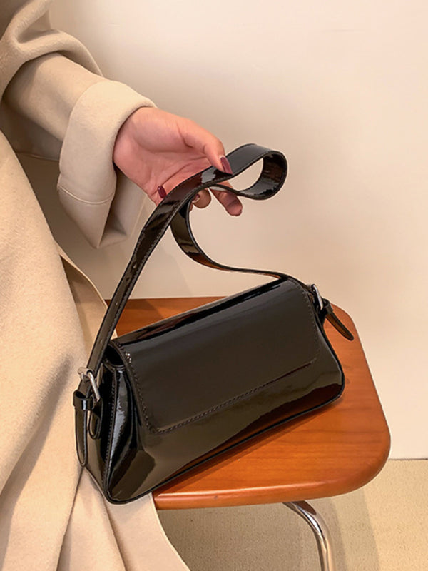 Fashion Patent Leather Ladies Baguette Texture Glossy Underarm Shoulder Bag