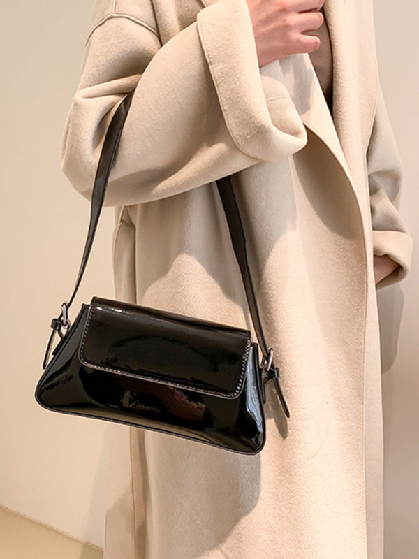 Fashion Patent Leather Ladies Baguette Texture Glossy Underarm Shoulder Bag