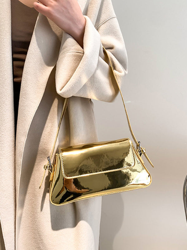 Fashion Patent Leather Ladies Baguette Texture Glossy Underarm Shoulder Bag