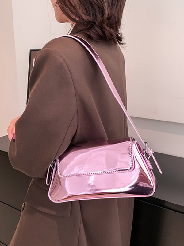 Fashion Patent Leather Ladies Baguette Texture Glossy Underarm Shoulder Bag