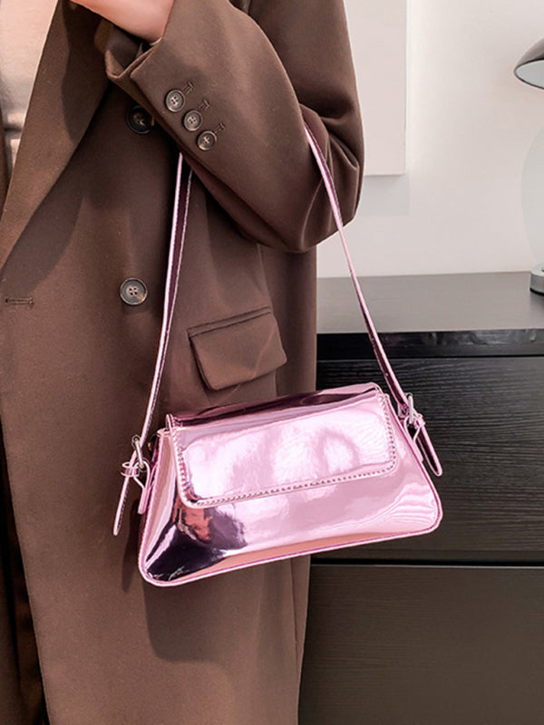 Fashion Patent Leather Ladies Baguette Texture Glossy Underarm Shoulder Bag