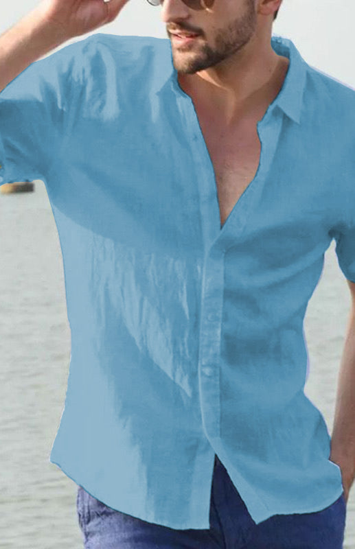 Men's Casual Linen Lapel Button Short-Sleeved Shirt - Premium Shirt & Tops from kakaclo - Just $11.88! Shop now at Craftklart.store